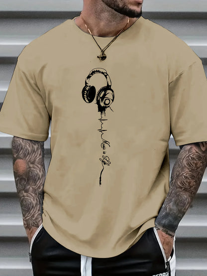 Men's summer earphones with letter print, breathable and comfortable round neck T-shirt, outdoor sports and leisure top