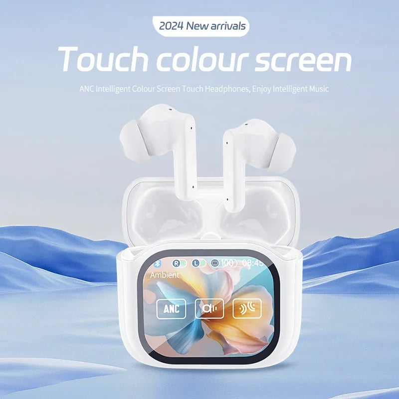 Ai Translation Wireless Earbuds with Touchscreen Charging Case, In-Ear Earphones with Microphone, Compatible with TV/Smartphone