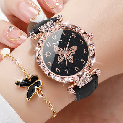 6PCS/Set Women's Watch Fashion Rhinestone Leather Band Quartz Watches Butterfly Jewelry Set(Without Box)