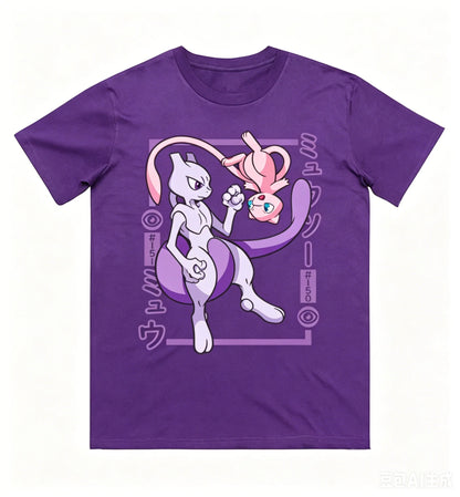 Pokémon Mewtwo Mew Printed Pure Cotton T-shirt for Men and Women Spring/Summer New Collection Fashion Short Sleeved Shirt