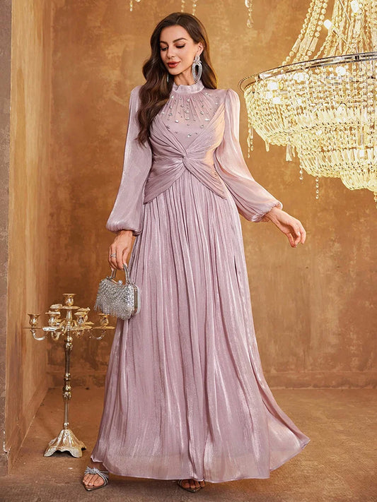 TOLEEN Women's Stand Collar Waist Twist Beaded Sequin Embellished Elegant Long Lantern Sleeve Shift Dress Wedding Spring Party