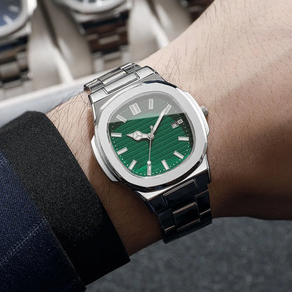 3PCS Fashion Men Business Watches Bracelet Necklace Set Square Dial Stainless Steel Band Quartz Watch with Calendar（Without Box）