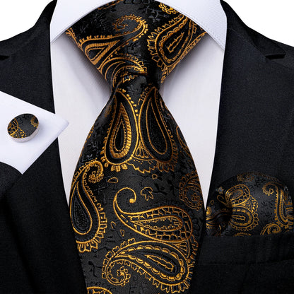 Luxury Black Gold Paisley Striped Floral Silk Men's Tie Set Handkerchief Cufflinks Wedding Party Accessories Groom Gift for Men