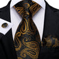 Luxury Black Gold Paisley Striped Floral Silk Men's Tie Set Handkerchief Cufflinks Wedding Party Accessories Groom Gift for Men