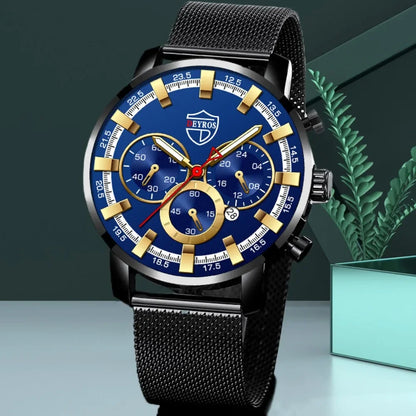 DEYROS Luxury 1/6 Pcs/ Set Men's Watch Set Quartz Outdoor Mesh Alloy Strap Trendy Style Men's Watches Gift Ideas