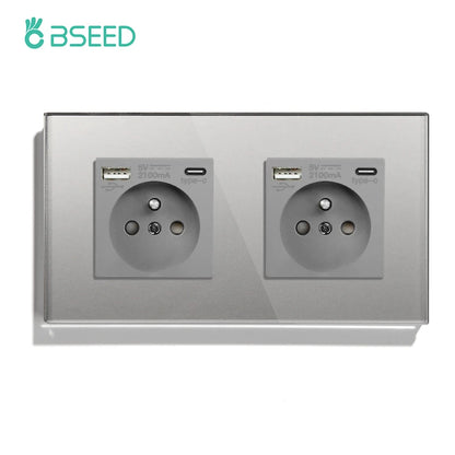 BSEED France Standard Single Wall French Socket Double Power Plug With White Black Gloden Crystal Glass Panel 16A 110V-250V
