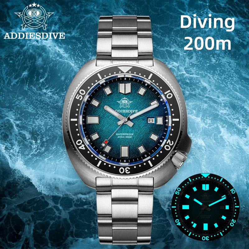 ADDIESDIVE New 43.8mm Watch for Men Dive AD2511 Luxury Sapphire Quartz Wristwatch 100m Waterproof Stainless Steel Luminous Watch