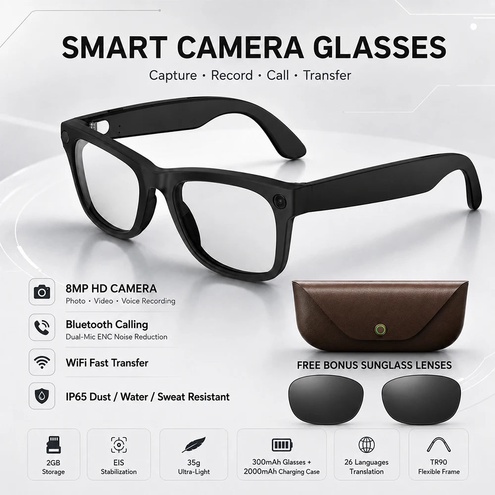 2026 New AI Smart Glasses 8MP HD Camera AI Translator Surround Sound Audio Smart Assistant 2000mAh Charging Case Smart Eyewear