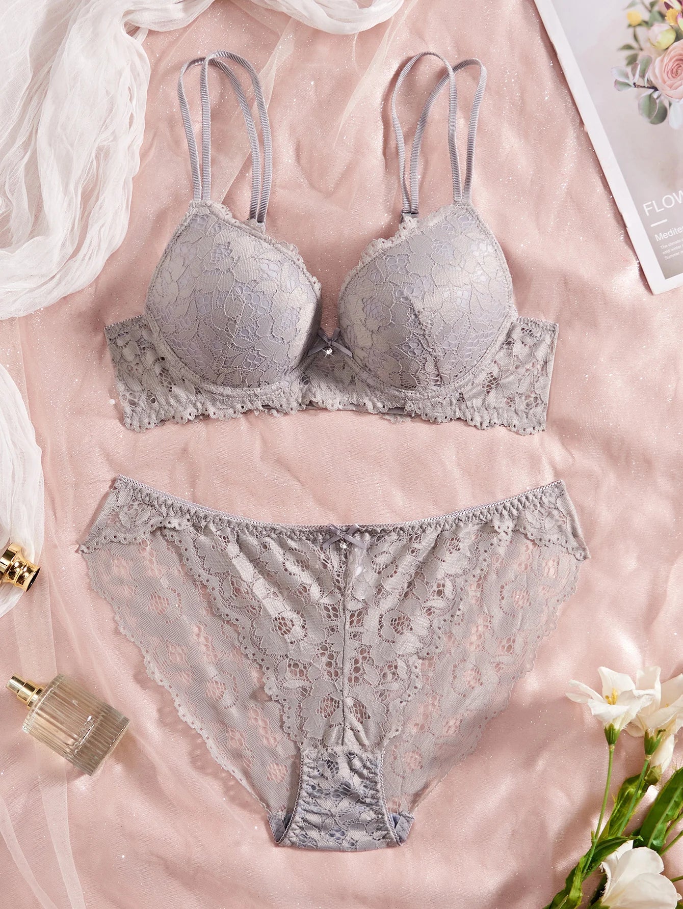 6-Piece Set Women's Underwear Set Sexy Patterned Lace Patchwork No Lining Comfortable Fitting Women's Push-Up Bra Sexy Lingerie