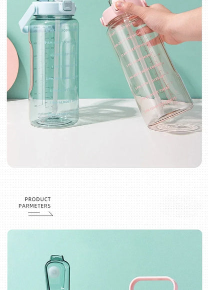 2L Water Bottle Portable Straw Plastic Water Cup for Outdoor Sports Fitness Adult High Value Big Fat Cup with Time Marker