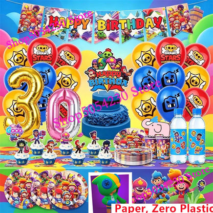 Brawl Stars Happy Birthday Party Supplies Set Cartoon Game Theme Tableware, Paper Plates & Backdrop Decorations for Celebrations