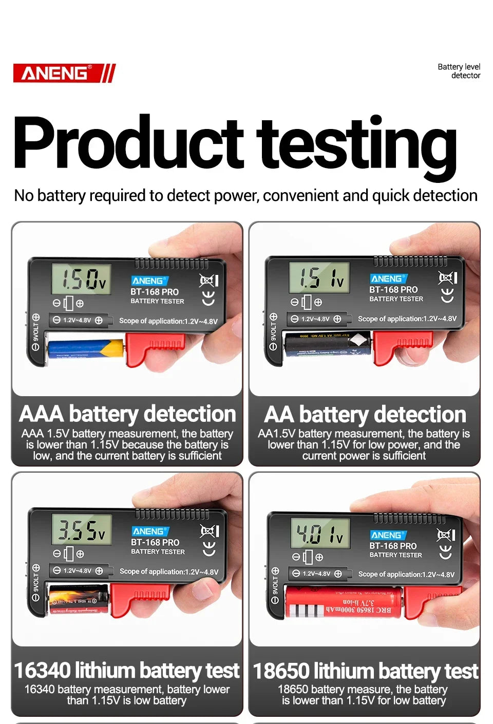 ANENG Tester baterii litowych cyfrowy uniwersalny BT-168 PRO Sprawdzanie pojemności, analizator obciążenia, wyświetlacz do baterii AAA AA guzikowych