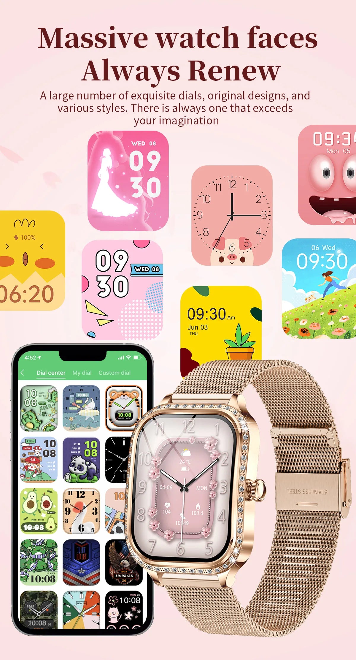 LIGE Fashion Design Women Smart Watch 1.75" Curved Screen Smartwatch Bluetooth Call Clock IP68 Waterproof Diamond Case Bracelet