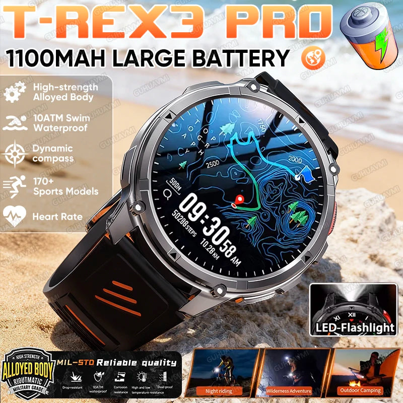 2026 New T-REX 3 PRO 1100mAh Large Battery Smart Watch 10ATM Waterproof GPS 1.7" HD AMOLED Call Sports Flashlight Smartwatch Men