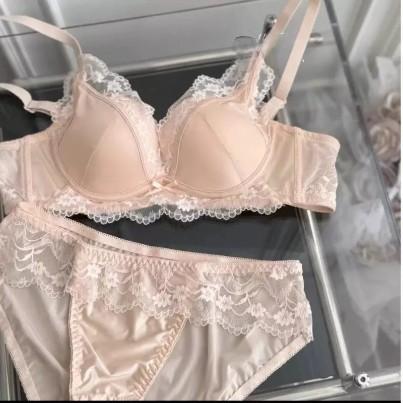 French Style Lace Satin Splice Bra Set Women Small Chest Gathered Lift Up Comfortable Soft Daily Underwear Lingerie Suit 32-38AB