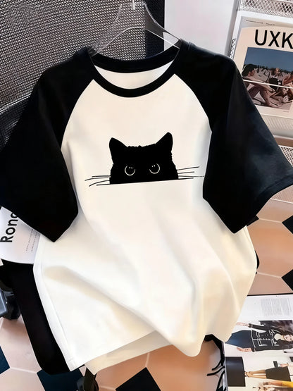 Kawaii T Shirt  Retro Black Cat Letter Print Crew Neck T-Shirt Casual Short Sleeve Top for Spring Summer Women's Clothing