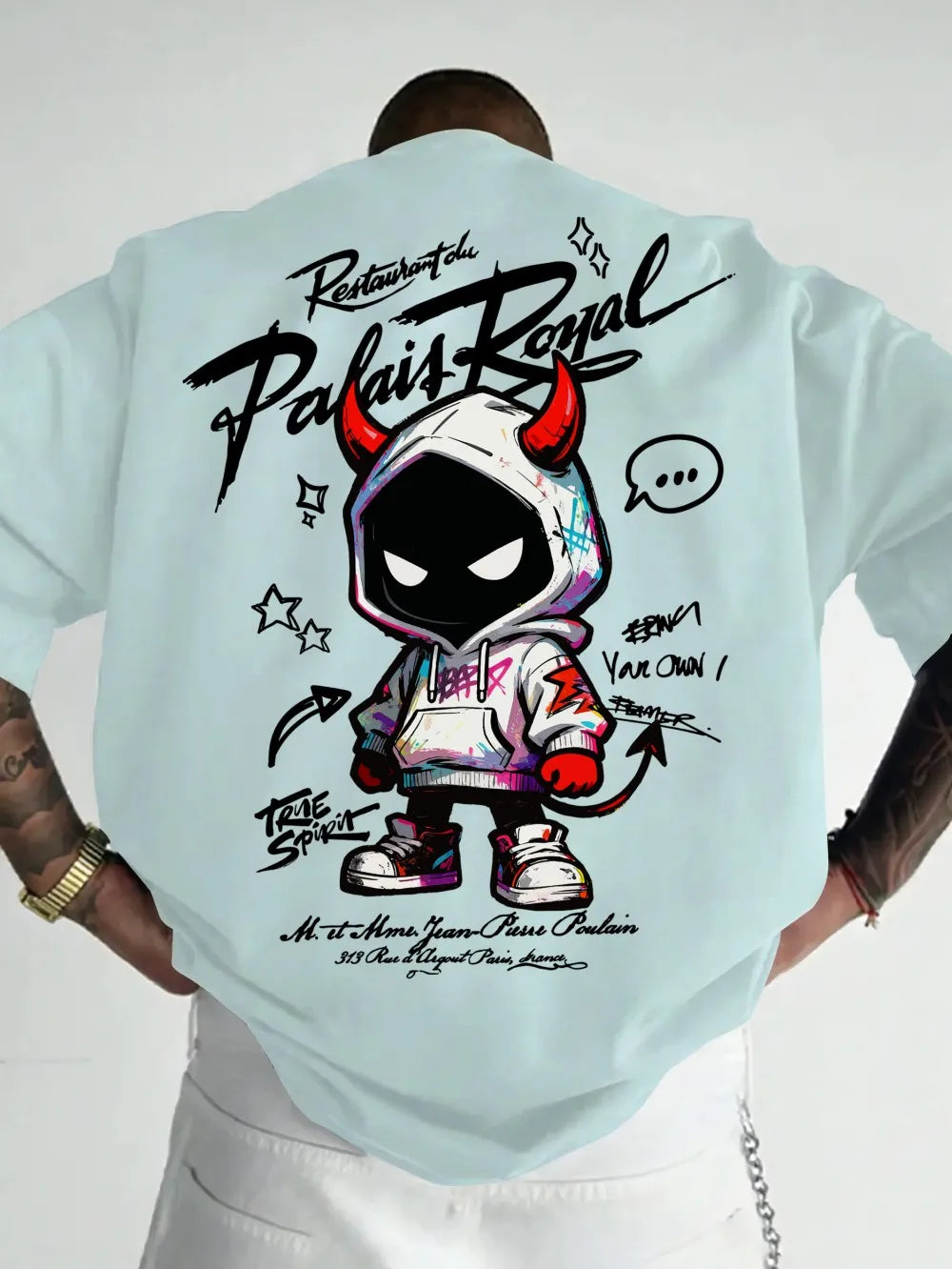 American men's summer personalized small devil letter print comfortable and breathable round neck T-shirt outdoor street top