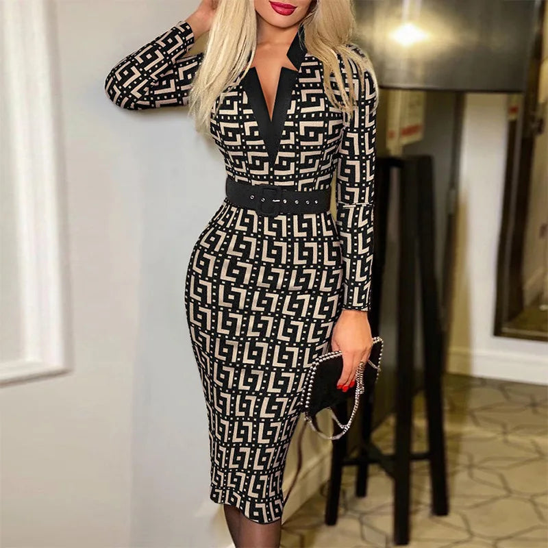 Elegant Print V Neck Dress with Belted Short Sleeve for Women Spring Summer Casual Chic Women's Clothing