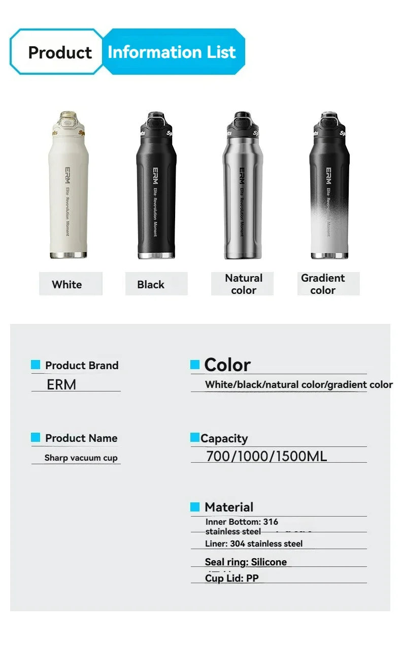 1L Stainless Steel Thermos Bottle, Iced & Heat Insulated Cup, Hiking Cycling Fitness Vacuum Flask with Handle