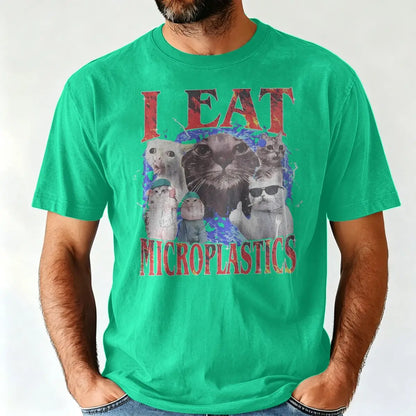 I Eat Microplastics Meme Cats Retro T Shirt 100% Cotton Vintage Washed T-shirt For Men Women