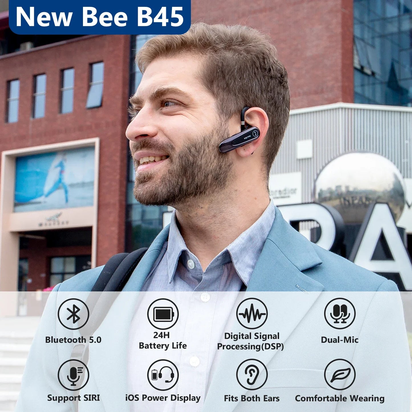 New Bee B45 Bluetooth 5.0 Headset Wireless Earphone Headphones with Dual Mic Earbuds Earpiece CVC8.0 Noise Reduction for Driving