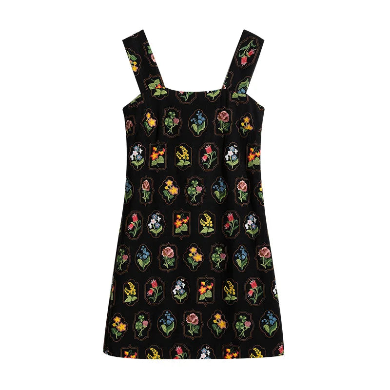 Summer Embroidery Spaghetti Strap Dress Women's Dress Square Collar Sundress Knee-Length A-LineSkirt Y2K 2025 DABUWAWA DM2BDX003
