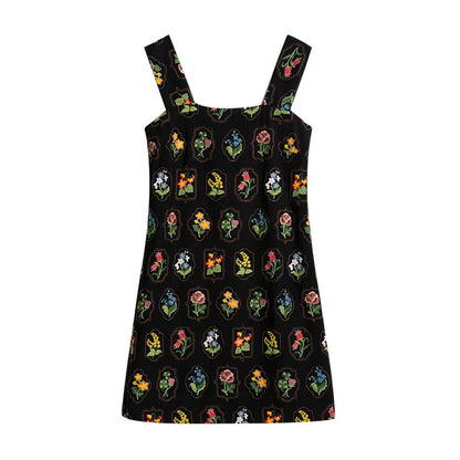 Summer Embroidery Spaghetti Strap Dress Women's Dress Square Collar Sundress Knee-Length A-LineSkirt Y2K 2025 DABUWAWA DM2BDX003