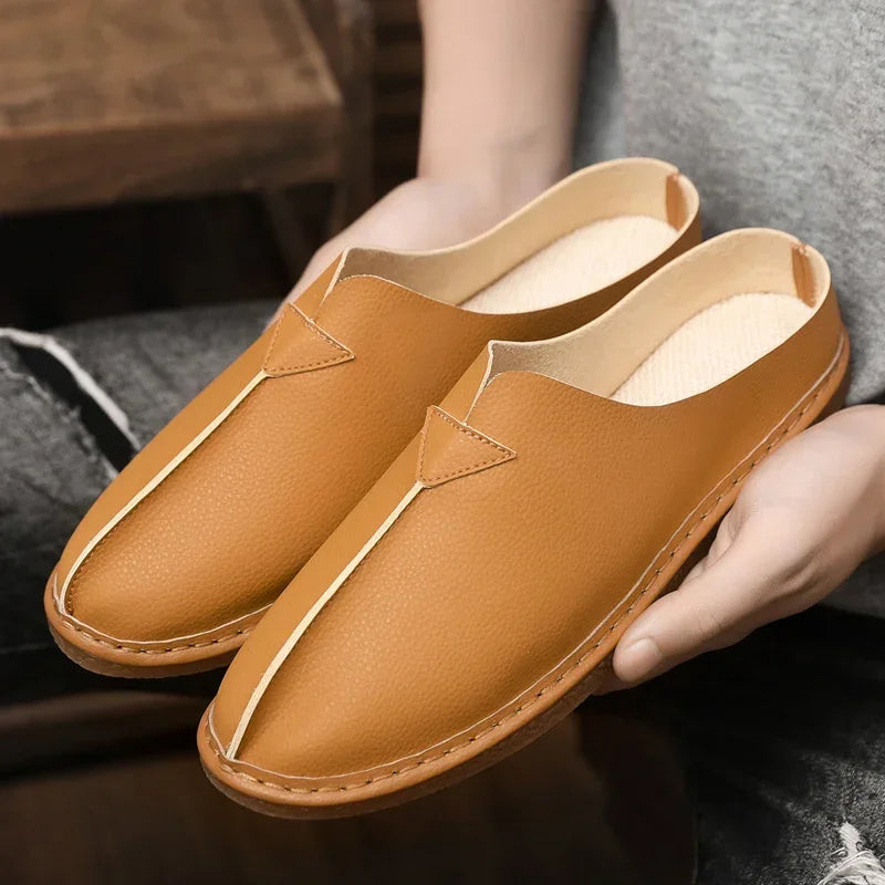 Fashion Leather Men Casual Shoes Slip on Man Loafers Breathable Soft Half Slippers Summer Flats Lightweight Lazy Driving Shoes