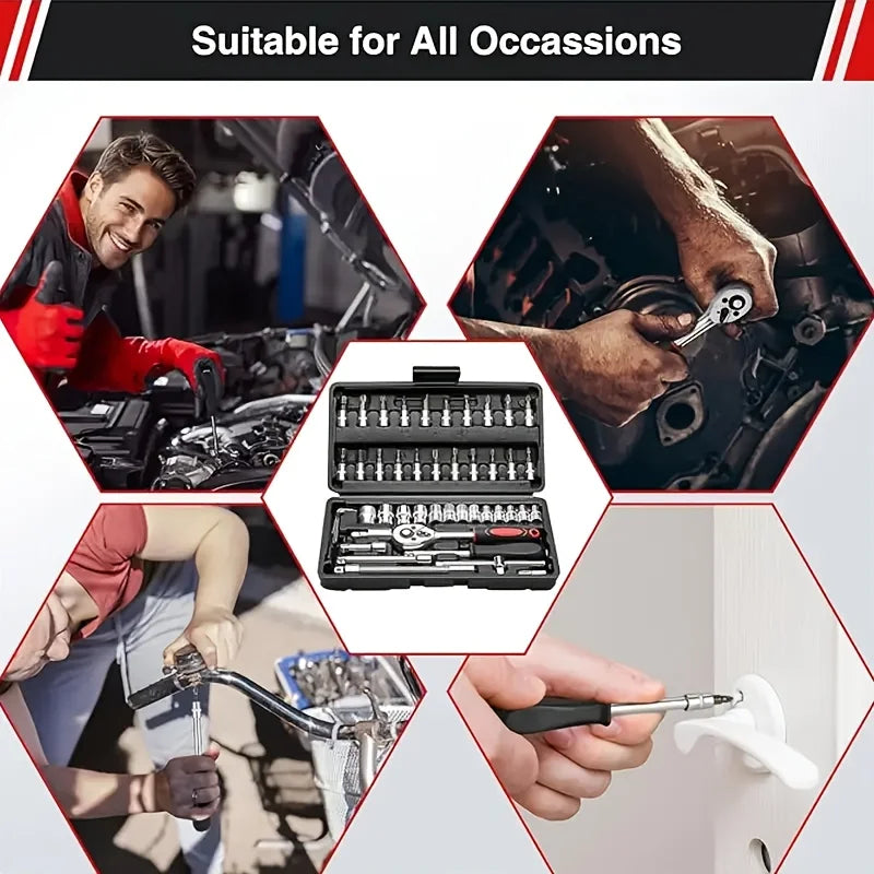 Professional 46pcs Cr-V Steel Socket Set with Ratchet Wrench Storage Bag Durable Sockets Extension Bar for Auto Home Repair