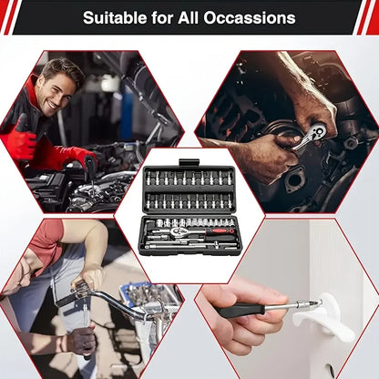 Professional 46pcs Cr-V Steel Socket Set with Ratchet Wrench Storage Bag Durable Sockets Extension Bar for Auto Home Repair