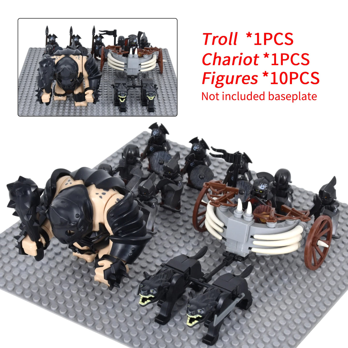 Medieval Battle Scene Building Blocks Beige Giant Troll Beast-Drawn Chariot 10 Warrior Bricks Figures MOC Collectible Model Toy