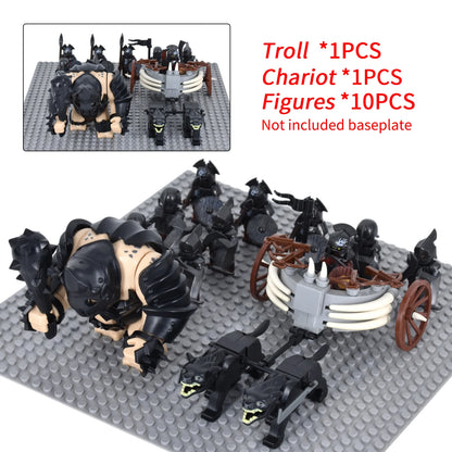 Medieval Battle Scene Building Blocks Beige Giant Troll Beast-Drawn Chariot 10 Warrior Bricks Figures MOC Collectible Model Toy