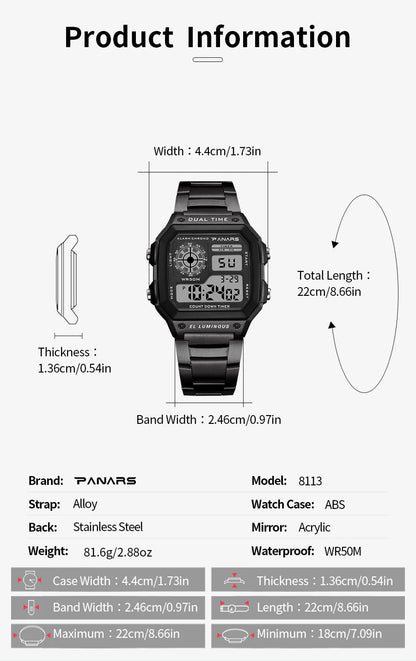 PANARS Top Luxury Stainless Steel Strap Sport Watches Mens Waterproof Back Light Digital Wristwatch Male Alarm