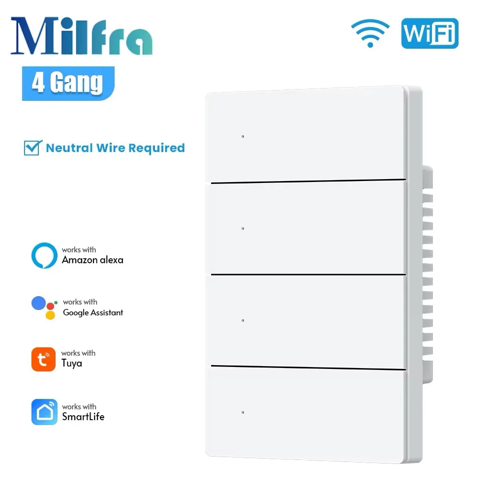 Milfra Smart Switch Zigbee WIFI Light Switch 1/2/3/4/6 Gang Voice Control Work With Alexa Google Home Tuya Control With Neutral