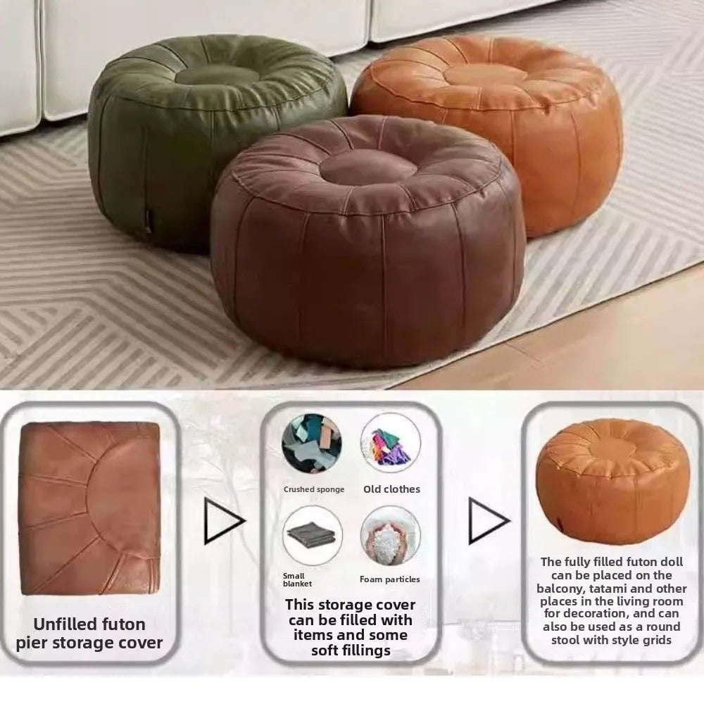 New PU Leather Unstuffed Storage Leg Bench Need to Fill Clothes Round Storage Pouf Minimalist Nordic Sofa Footstool Living Room
