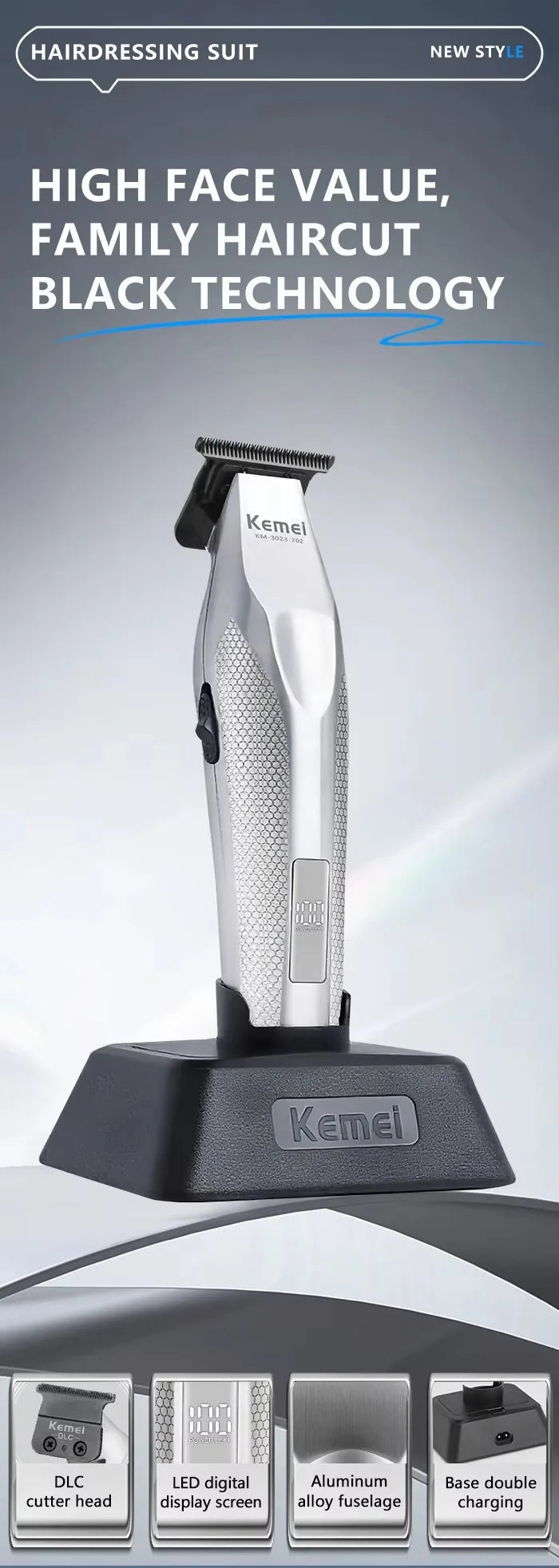 Kemei Clippers Professional Haircut Suit Rechargeable Hair Clippers Metal Body Shaver LCD Display Clipper For Man KM-3023 Set
