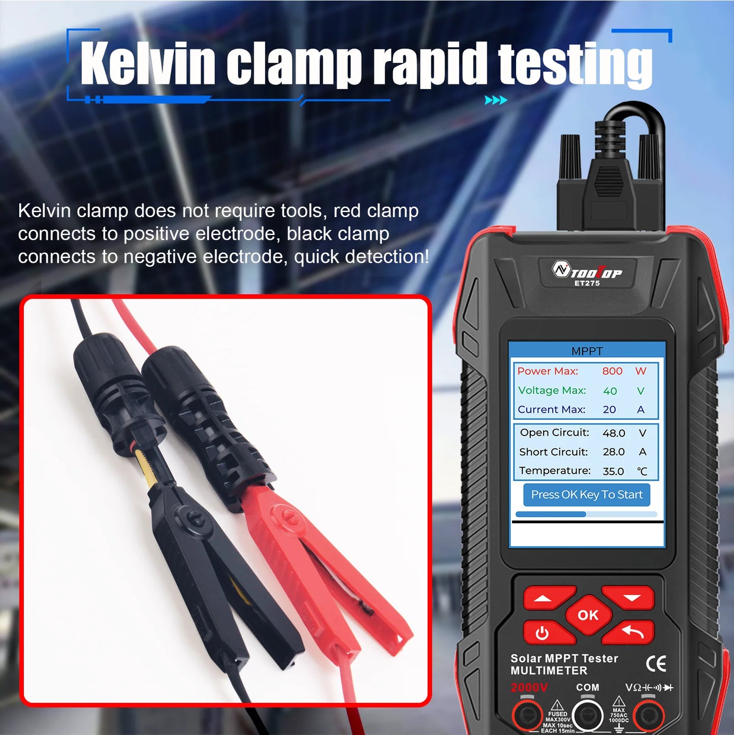 TOOLTOP 2000W Solar MPPT Power Tester 3.2 Inches 2KV 60000 Counts Multimeter Photovoltaic Solar Power Meter Pmax Voc Isc Test