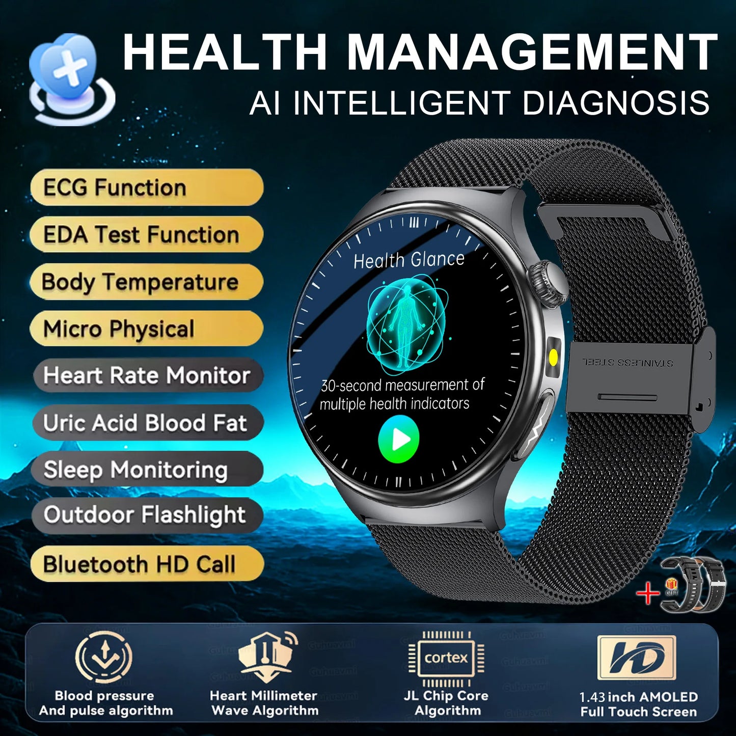 2026New Nursing Grade Health Smartwatches For Men Women Precision Detection Heart Rate Blood Fats Uric Acid ECG+PPG Smart Watch