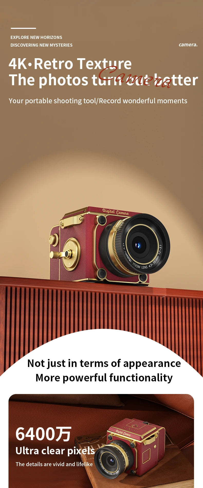 4K Retro Digital Camera 64MP Ultra Clear Pixels 16X Zoom 20 HD Screen Portable CCD Vintage Camera For Beginners And Students