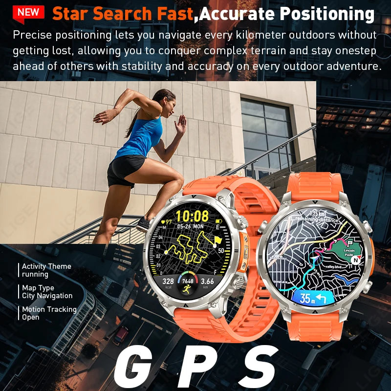LIGE 2026 Nowy Męski Wojskowy Zegarek Smartwatch GPS Mapa Kompas Pamięć 4GB Bateria 1000mAh Wodoodporność 10ATM Rozmowy Bluetooth HD
