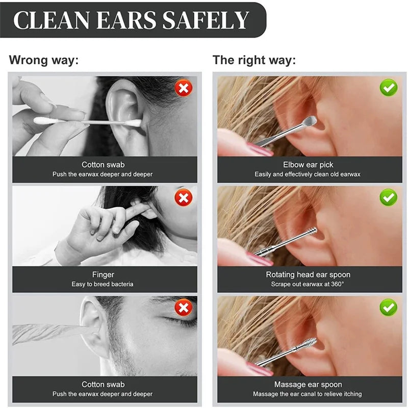 6Pcs/Set Stainless Steel Ear Cleaner Portable Ear Spoons Spiral Earwax Cleaning Removal Tools Reusable Earpick Beauty Accessory