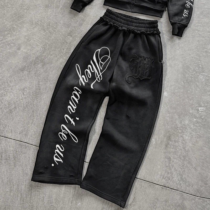 Men's Black Gothic Letter Print Wide Leg Sweatpants Y2K Streetwear Casual Trousers S-XL Summer New