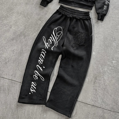 Men's Black Gothic Letter Print Wide Leg Sweatpants Y2K Streetwear Casual Trousers S-XL Summer New