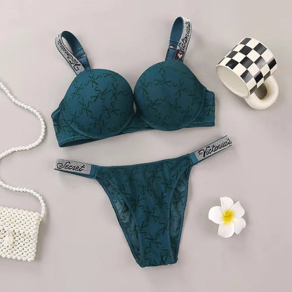 Victoria's Secret Lingerie Set Heart Pattern Trim Stretchy Breathable underwear Set Women's Sexy Lace Bralette Bra and Panty Set