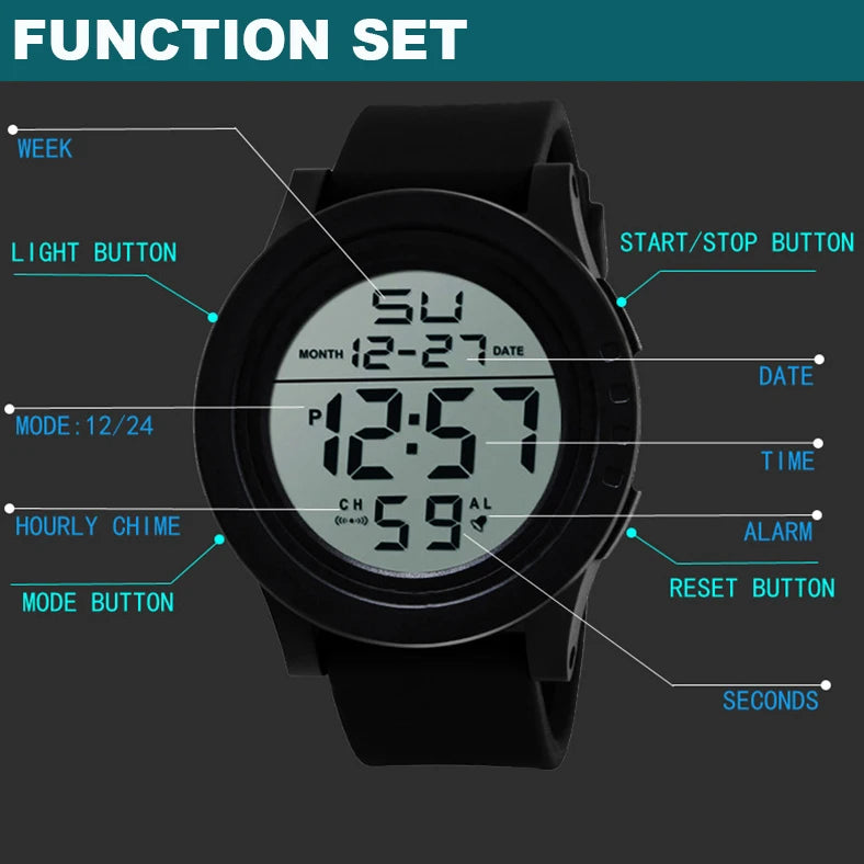 Men Sport Watch Multifunction Military Sports Watch Waterproof Luminous LED Digital Kids Watch Big Dial Student Electronic Watch
