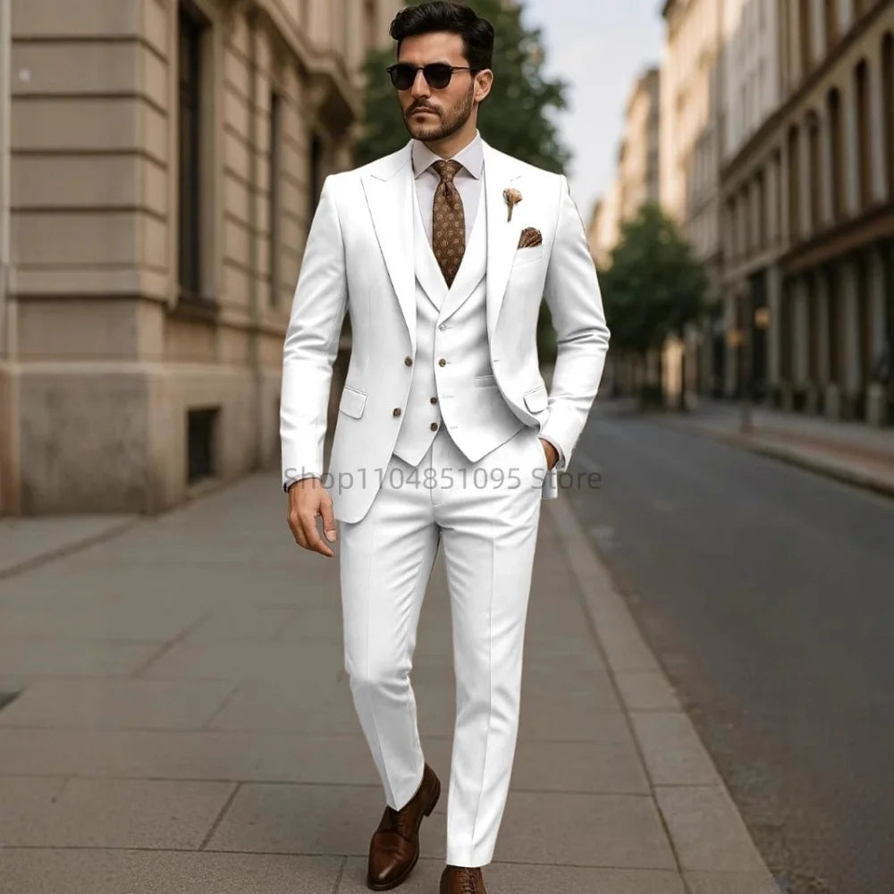 High Quality 3 Piece Yellow Men Suits Peak Lapel Slim Fit Men Clothing Elegant Wedding Jacket Vest Pants Sets for Business Party