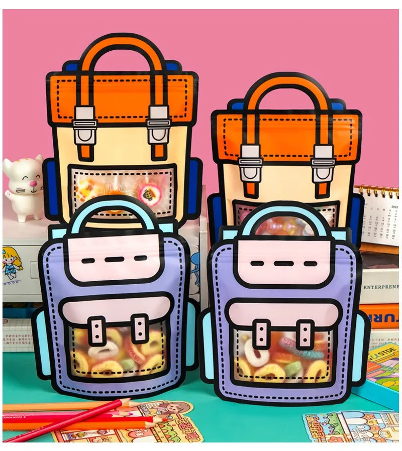 10-50 PCS Cartoon Self-Sealing Snack Bags Schoolbag Shape Biscuit Candy Handbags Children's Day Kids Birthday Gift Packaging Bag