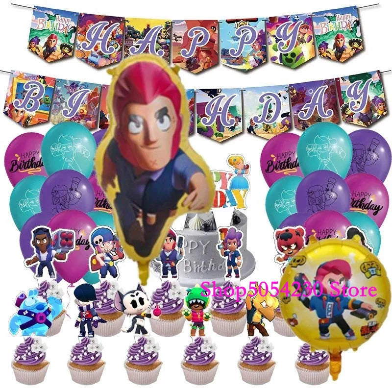 Brawl Stars Happy Birthday Party Supplies Set Cartoon Game Theme Tableware, Paper Plates & Backdrop Decorations for Celebrations