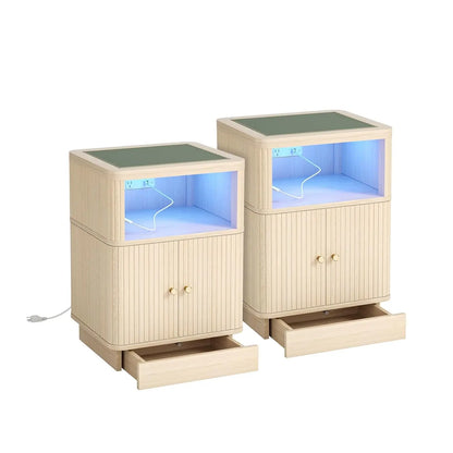 Night Stand With Charger Station, Modern Nightstand Set Of 2 With Hidden Drawer, Saddle Leather Top, Smart LED, And, Customized