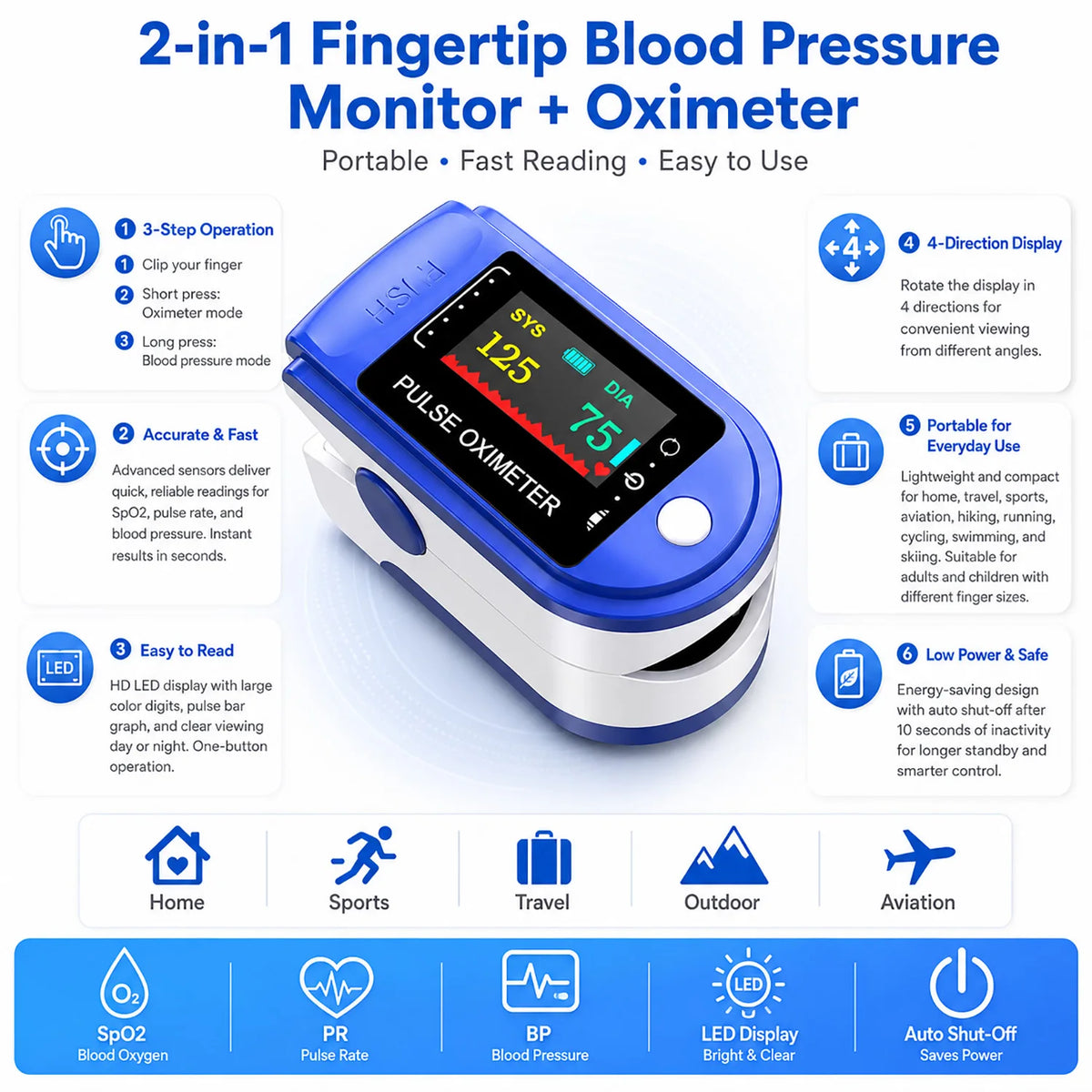 Finger Clip Sphygmomanometer and Oximeter 2IN1 Home Visual Pulse Oxymeter SpO2 Saturation Medical Health Blood Pressure Monitor